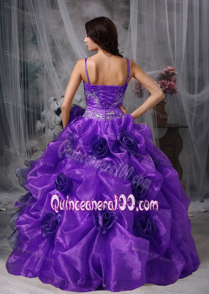 Spaghetti Straps Beaded Purple Dress for Quince with Flowers